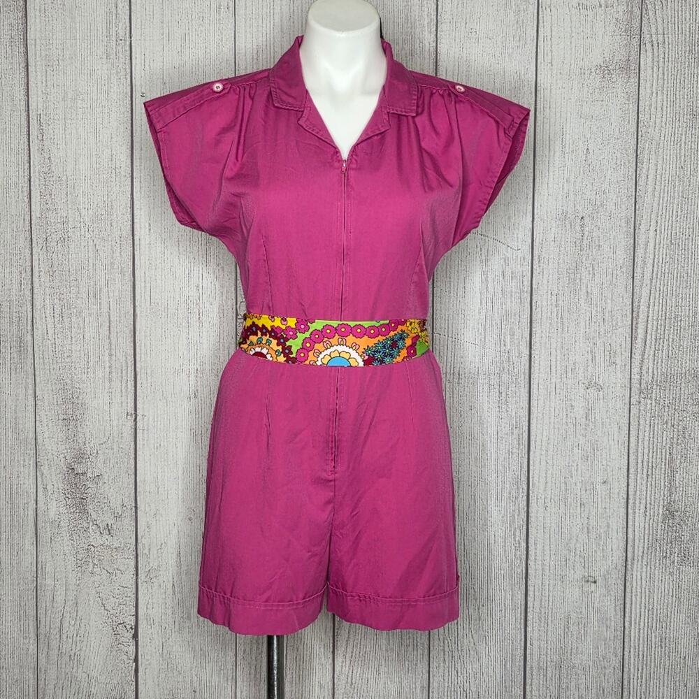 VTG Sunny South Fashions Magenta Zip Front Romper W Bonus Belt, sz 10 (Small)
